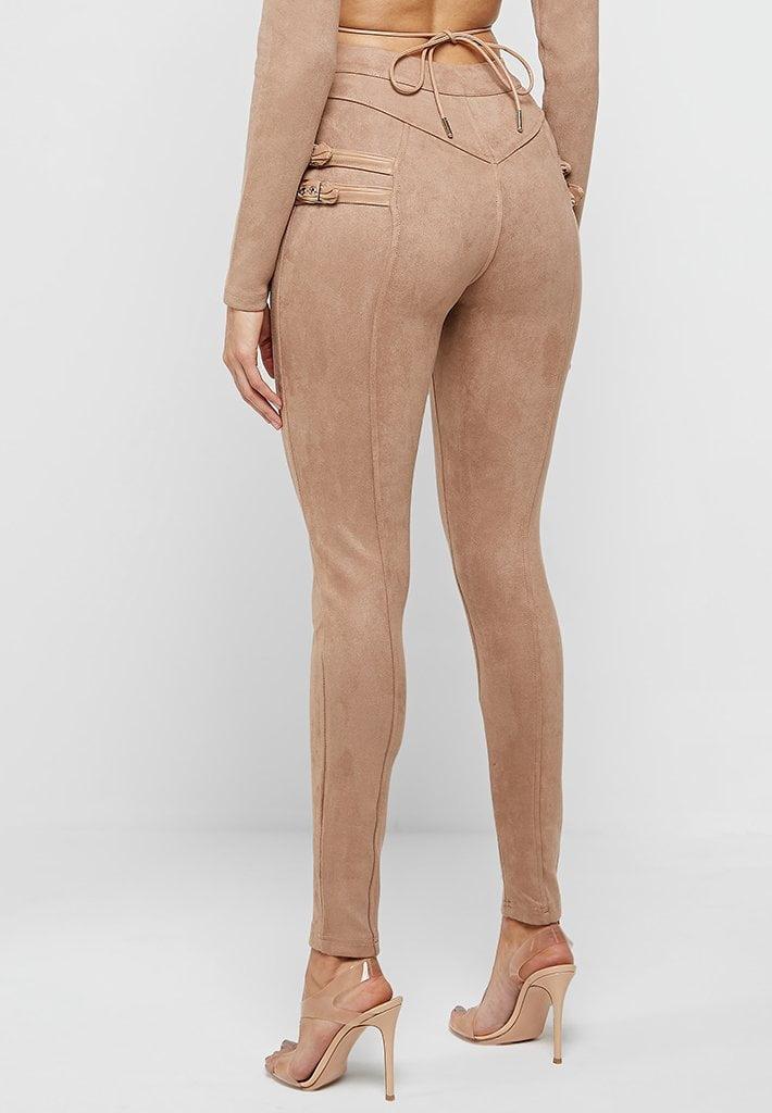 Buckle Detail Vegan Suede Leggings - Beige Female Product Image