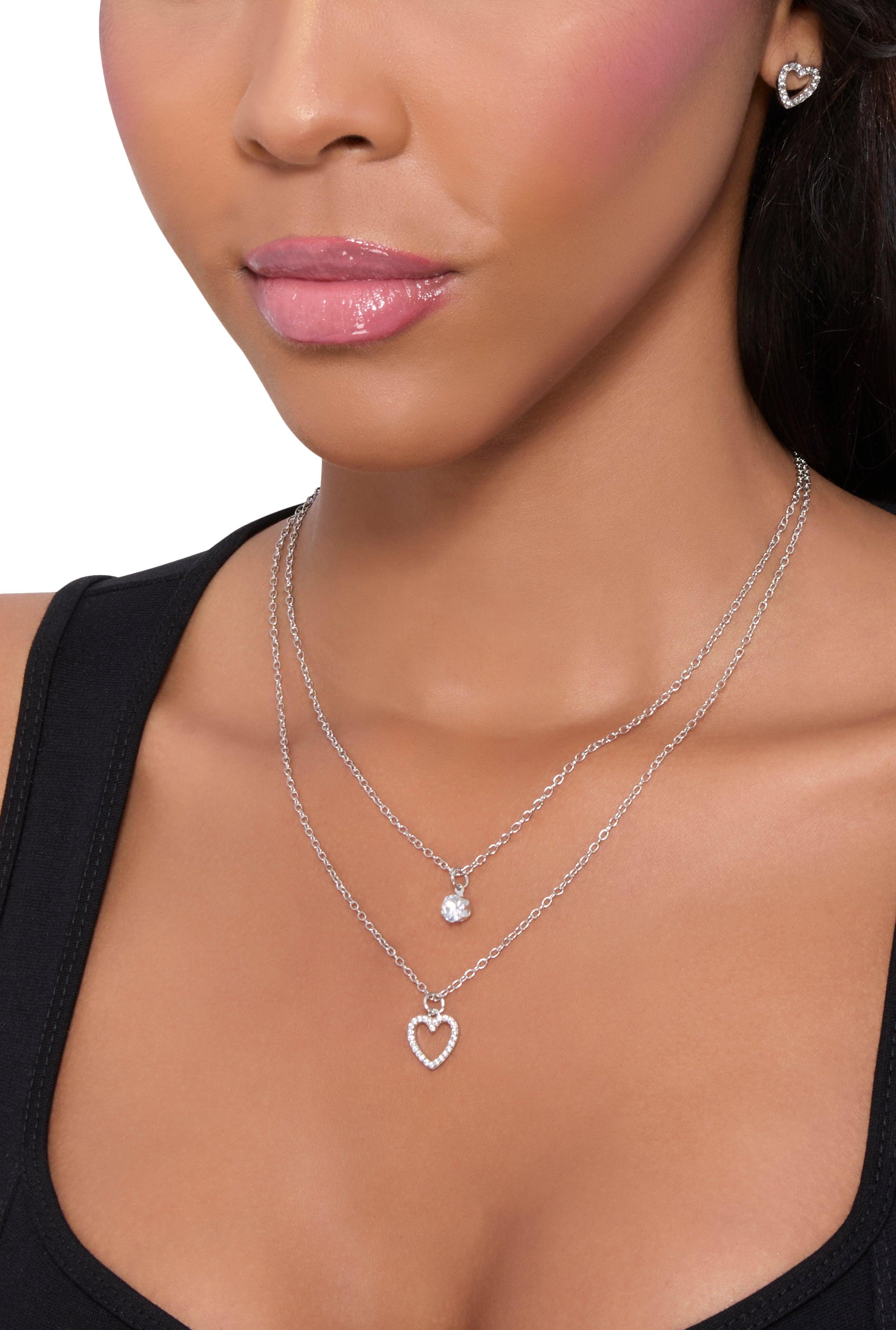 Womens Heart Charm Layered Necklace and Stud Earrings Set Product Image