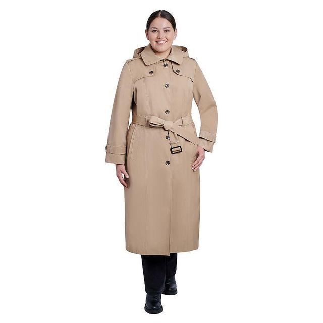 Plus Size London Fog Hooded Maxi Trench Coat, Womens Dark Beige Product Image