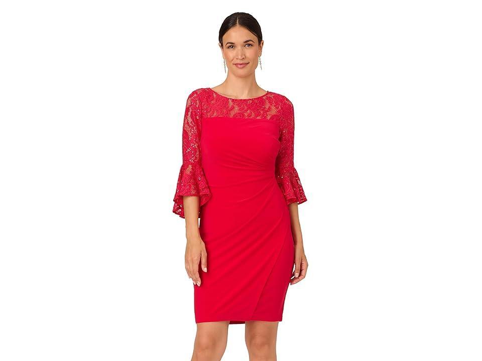 Adrianna Papell Belle Sleeve Stretch Lace and Jersey Cocktail Dress (Hot Ruby) Women's Dress Product Image