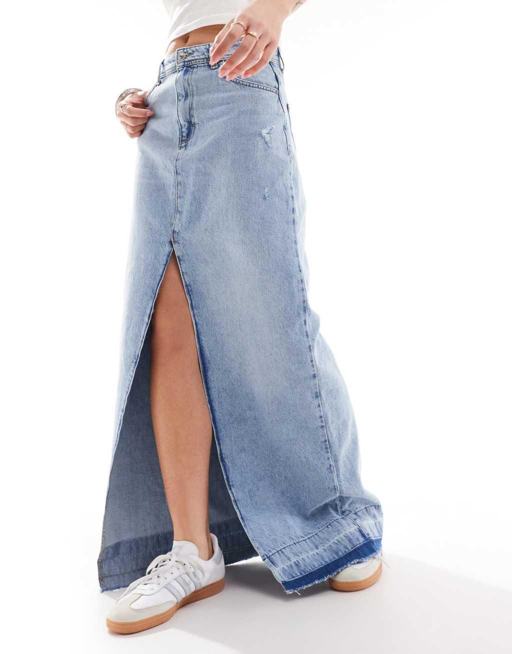 ONLY denim maxi skirt with frayed hem in blue  Product Image