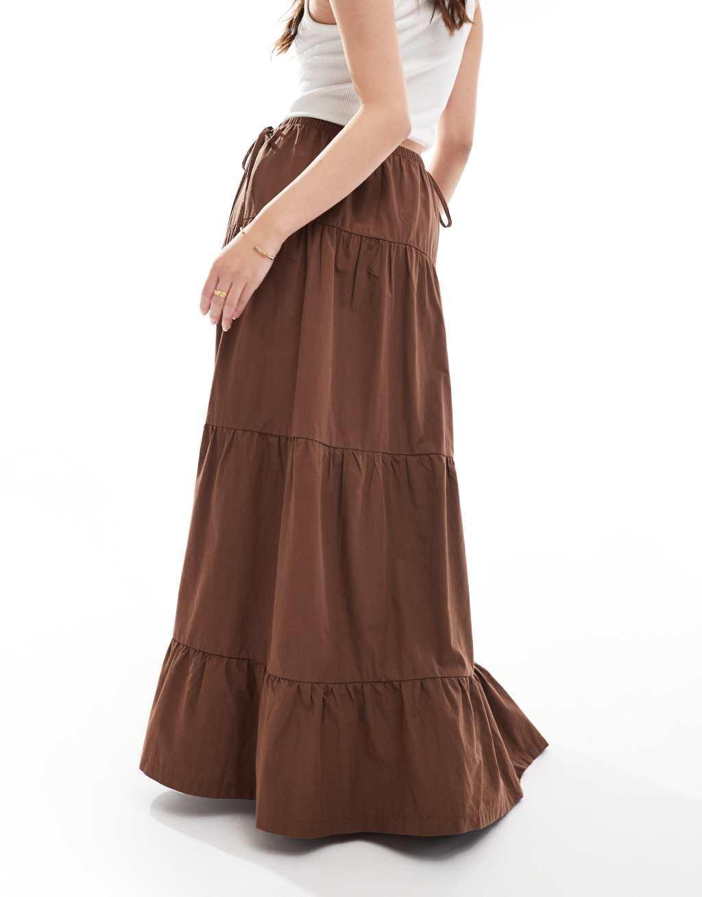 ASOS DESIGN poplin tiered maxi skirt with tie details in chocolate Product Image