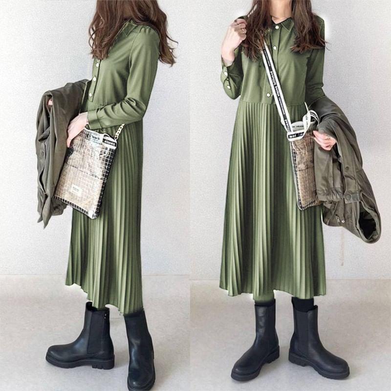 Long-Sleeve Collar Plain Button Accordion Pleated Midi A-Line Dress Product Image