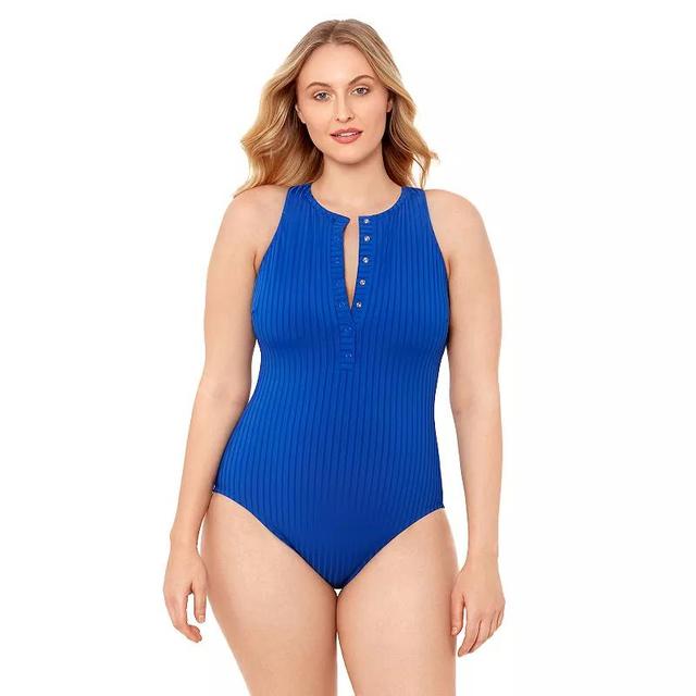 Womens S3 Swim Smoothing Ribbed High Neck Snap Front One Piece Swimsuit, Womens Product Image