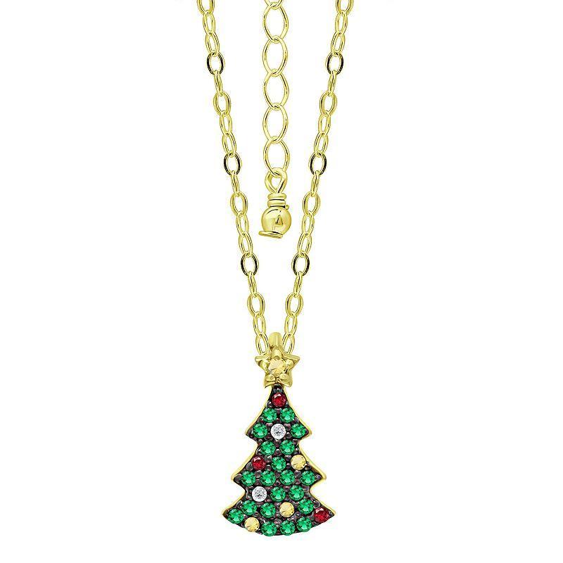 Aleure Precioso Sterling Silver Cubic Zirconia Christmas Tree Pendant Necklace, Womens Gold Tone Green Product Image