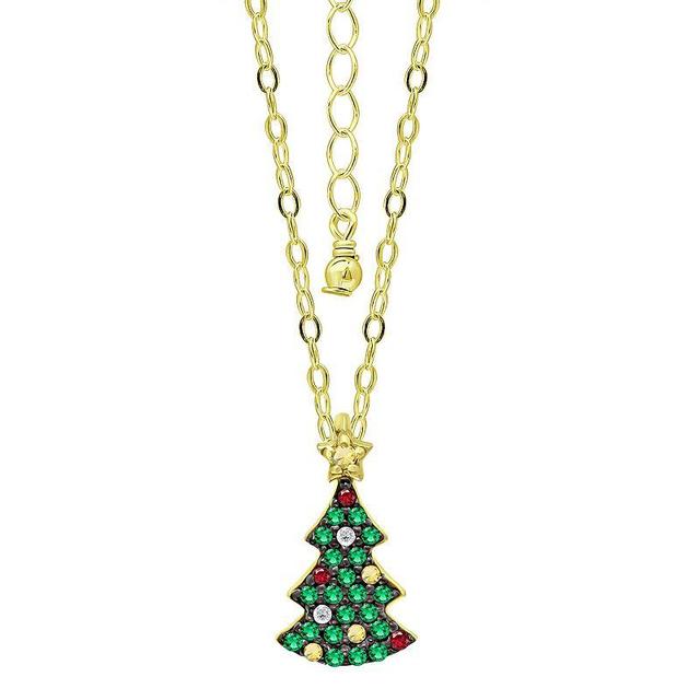 Aleure Precioso Sterling Silver Cubic Zirconia Christmas Tree Pendant Necklace, Womens Gold Tone Green Product Image