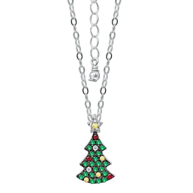 Aleure Precioso Sterling Silver Cubic Zirconia Christmas Tree Pendant Necklace, Womens Gold Tone Green Product Image