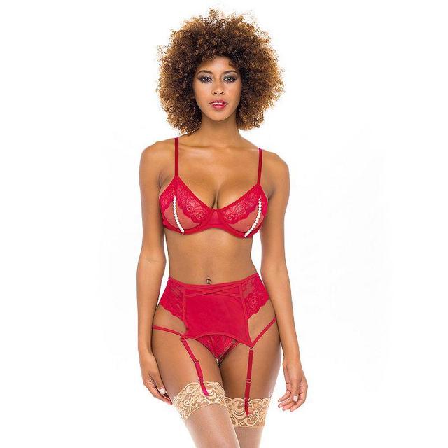 Womens Oh La La Cheri Alyssa Lace & Pearls Bra, Panty & Garter Belt Lingerie Set 40-11569 Red Product Image