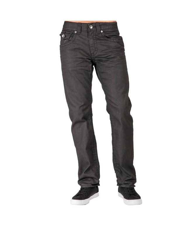 Mens Relaxed Straight Leg Premium Denim Jeans Black Coated Throwback Style Zipper Trim Pockets Product Image