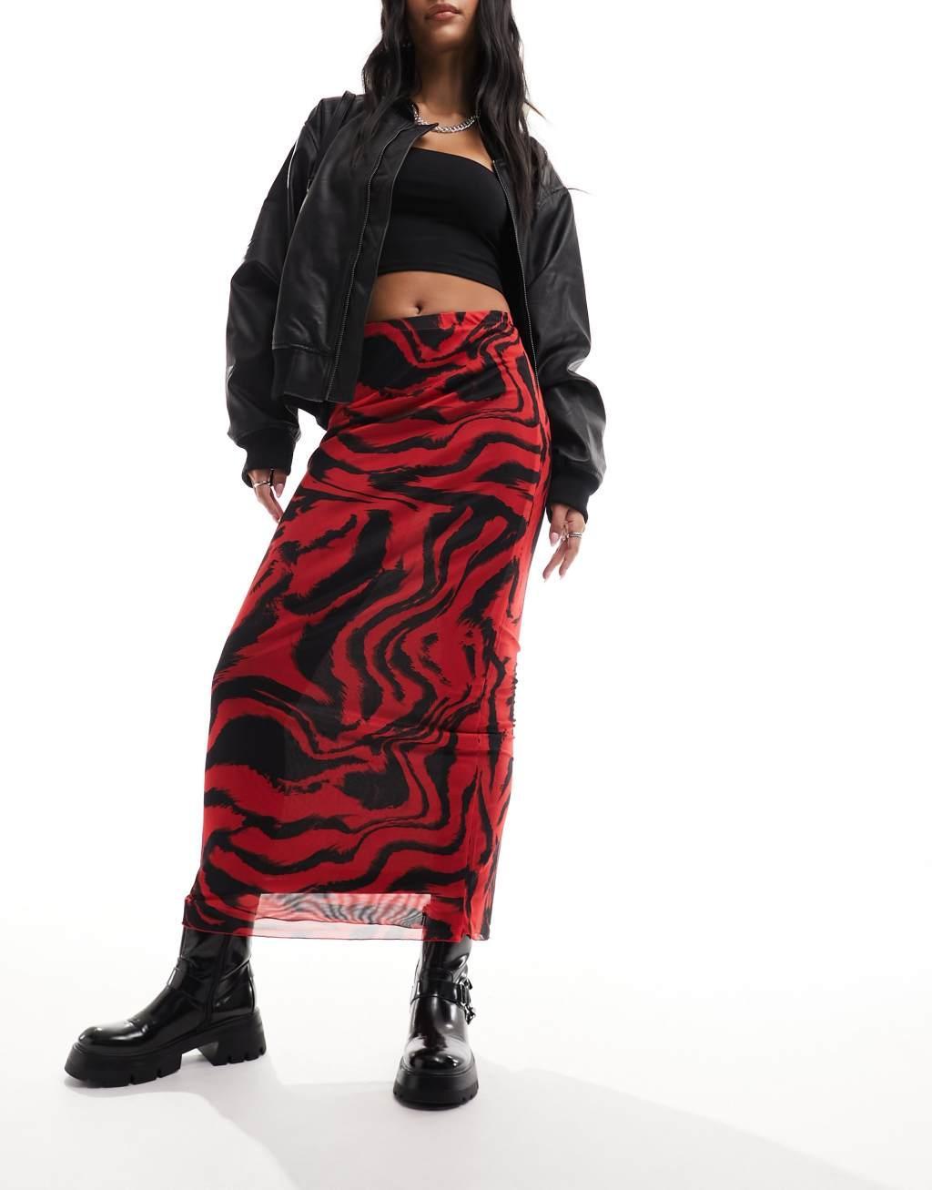 Only mesh maxi skirt in red and black swirl  Product Image