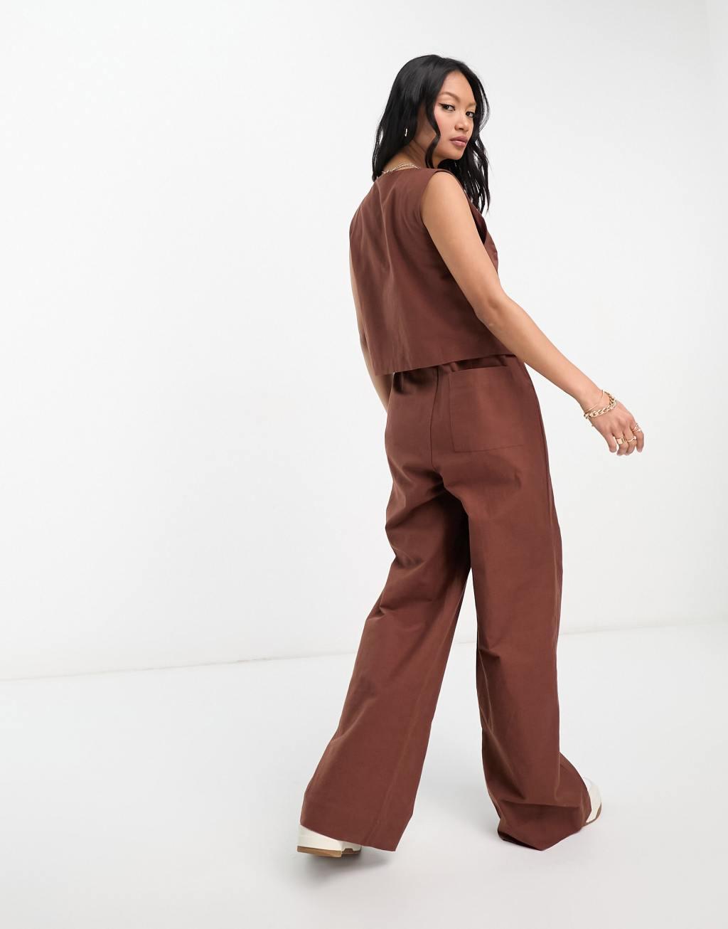 ASOS DESIGN 2 in 1 linen look vest jumpsuit in brown Product Image