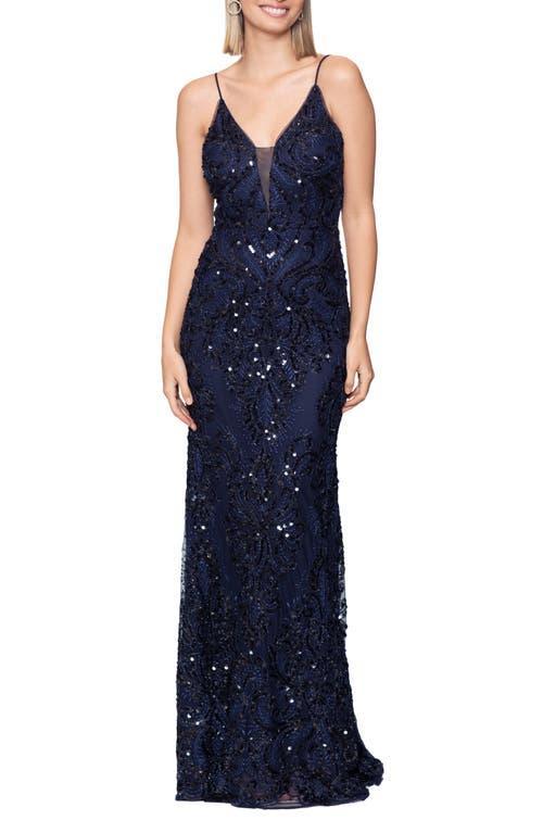 Betsy & Adam Womens Sequined Spaghetti-Strap Illusion-Neck Gown Product Image