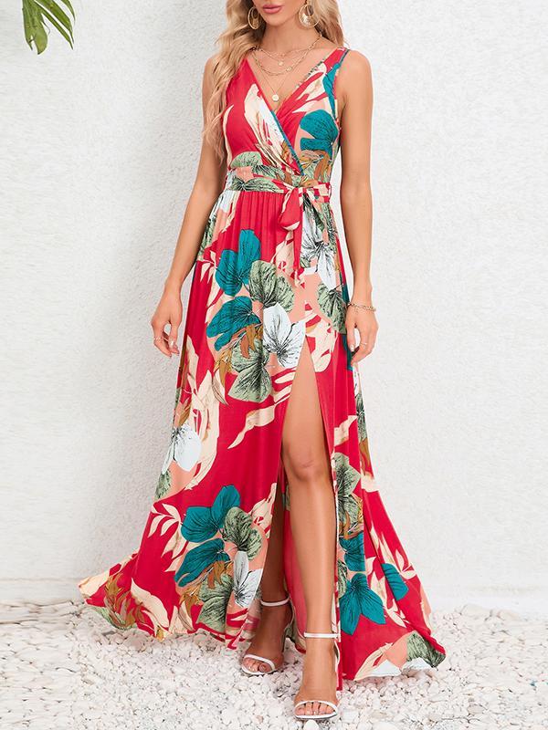 A-Line Loose Flower Print Pleated Split-Front Tied Waist V-Neck Maxi Dresses Product Image