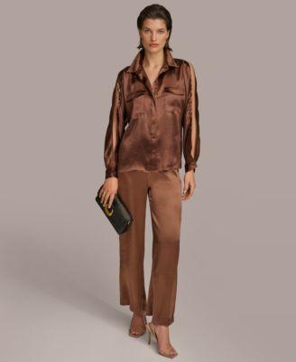 Donna Karan Womens Split Sleeve Satin Top Wide Leg Pants Product Image