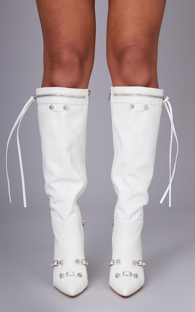 White Pu Zip Detail Point Toe Mid Heeled Knee Boots Product Image