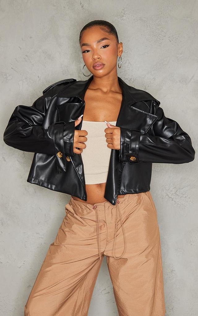 Black Faux Leather Cropped Trench Product Image