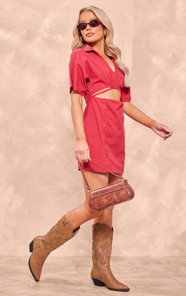 Red Linen Look Cut Out Waist Button Skirt Shirt Dress Product Image