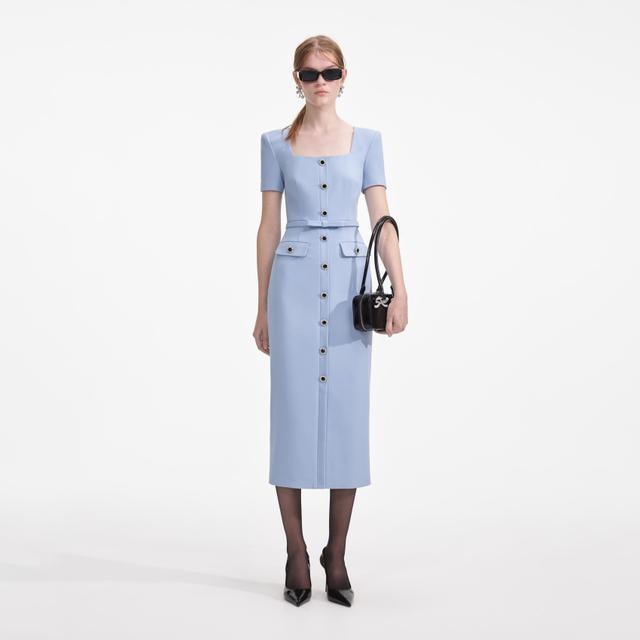 Blue Crepe Button Midi Dress Product Image