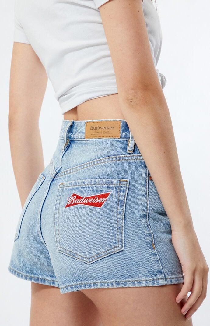 Budweiser Women's By PacSun Medium Blue Hopps Vintage High Waisted Denim Shorts Product Image