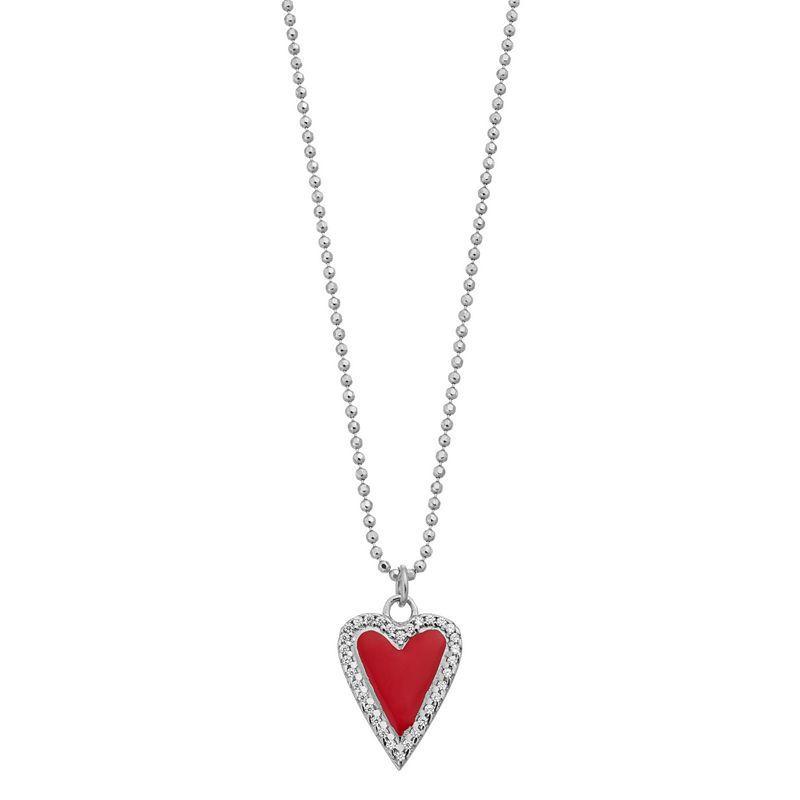 Sterling Silver Red Enamel & Cubic Zirconia Heart Pendant Necklace, Womens White Product Image