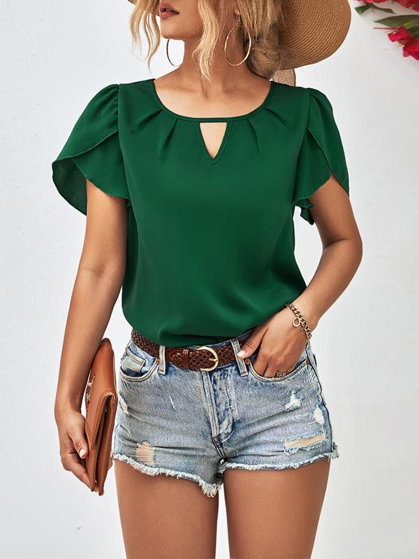 Loose Short Sleeves Hollow Solid Color Round-Neck T-Shirts Tops Product Image