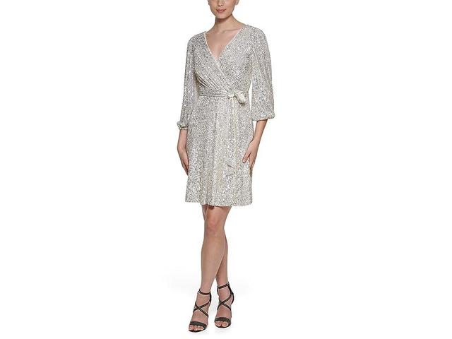 DKNY Long Sleeve Sequin Surplice Faux Wrap Women's Dress Product Image