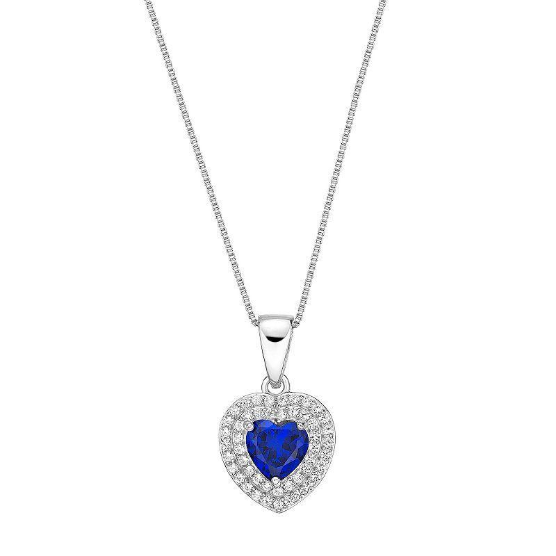 Gemminded Sterling Silver Lab-Created Sapphire & Lab-Created White Sapphire Heart Pendant Necklace, Womens Blue Product Image