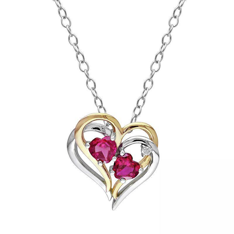 Stella Grace Lab-Created Ruby & Diamond Accent Sterling Silver Two Tone Heart Pendant Necklace, Womens Red Product Image