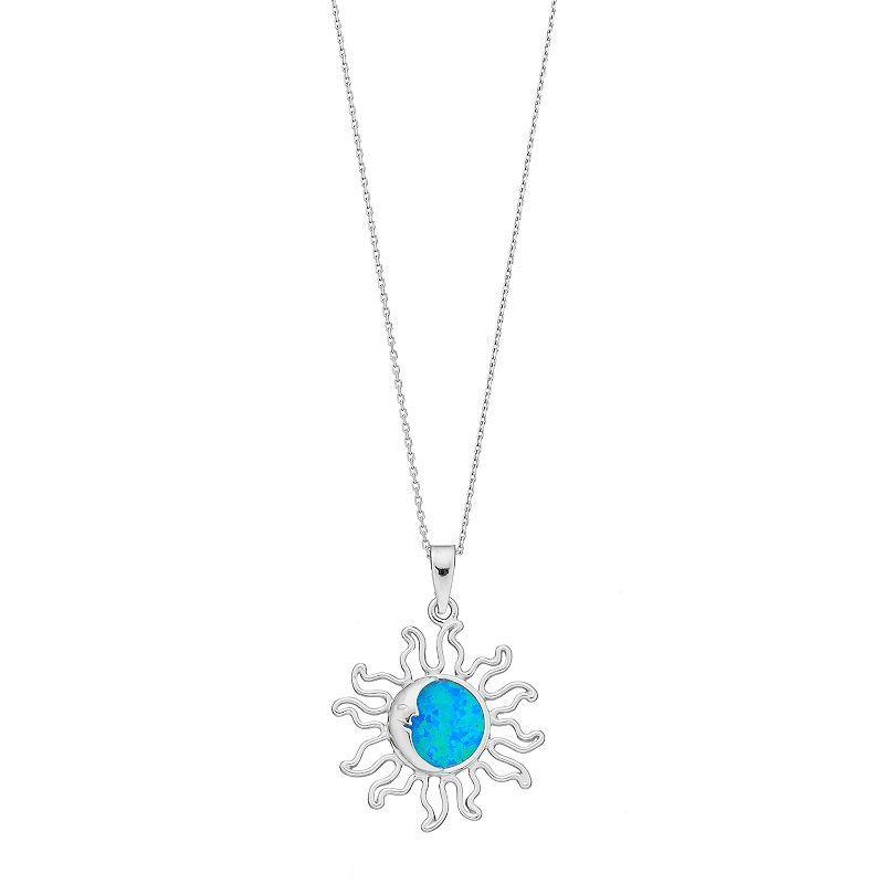 Sterling Silver Lab-Created Blue Opal Sun Pendant, Womens Product Image