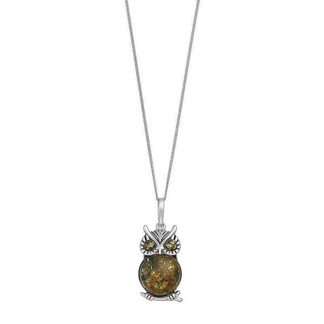 Sterling Silver Amber Owl Pendant Necklace, Womens Product Image