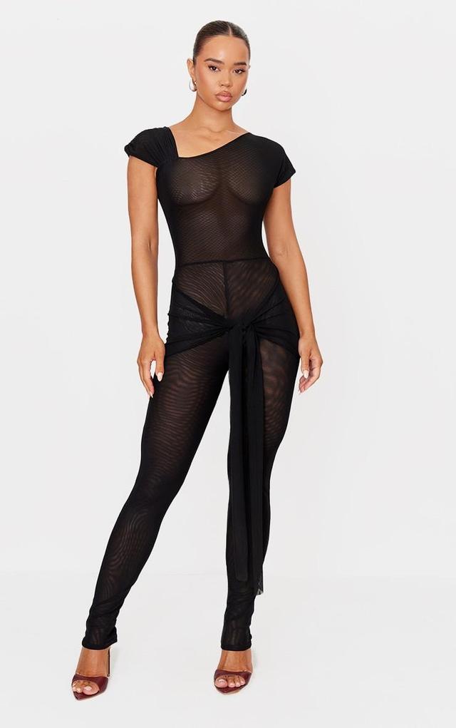 Black Mesh Asymmetric Cap Sleeve Jumpsuit Product Image