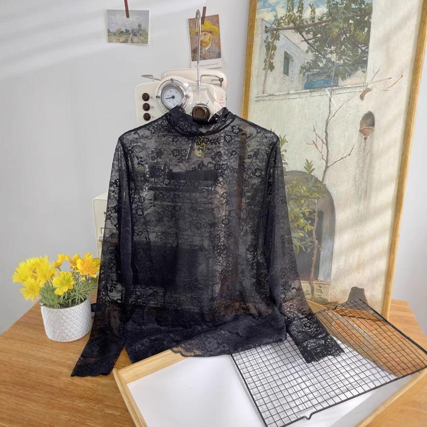 Long Sleeve High Neck Floral Lace Top Product Image