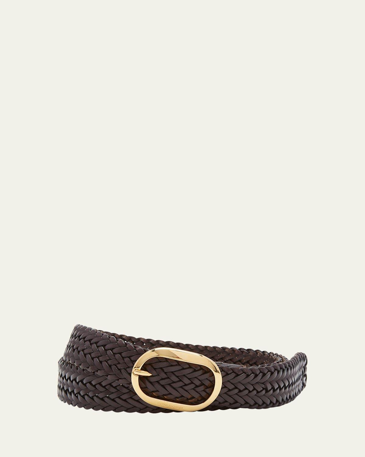 Mens Woven Leather Oval-Buckle Belt Product Image