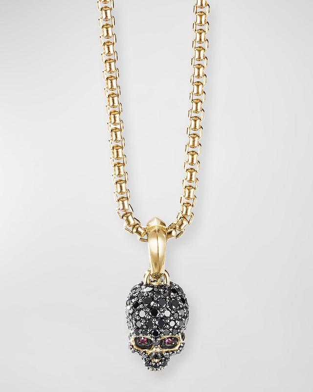 Mens Memento Mori Skull Amulet with Full Pav Black Diamonds, Rubies and 18K Yellow Gold Product Image