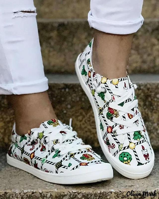 Olivia Mark – Holiday-themed Artistic Print Lace-up Canvas Slip-On Shoes Product Image