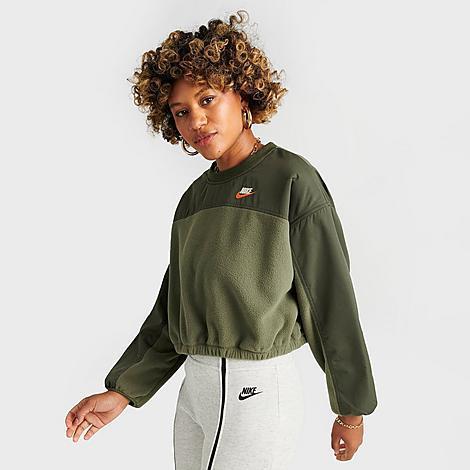 Nike Womens Sportswear City Utility Plush Oversized Crew Sweatshirt O/Cargo Khaki/Safety Orange, X-Large - at Academy Sports Product Image