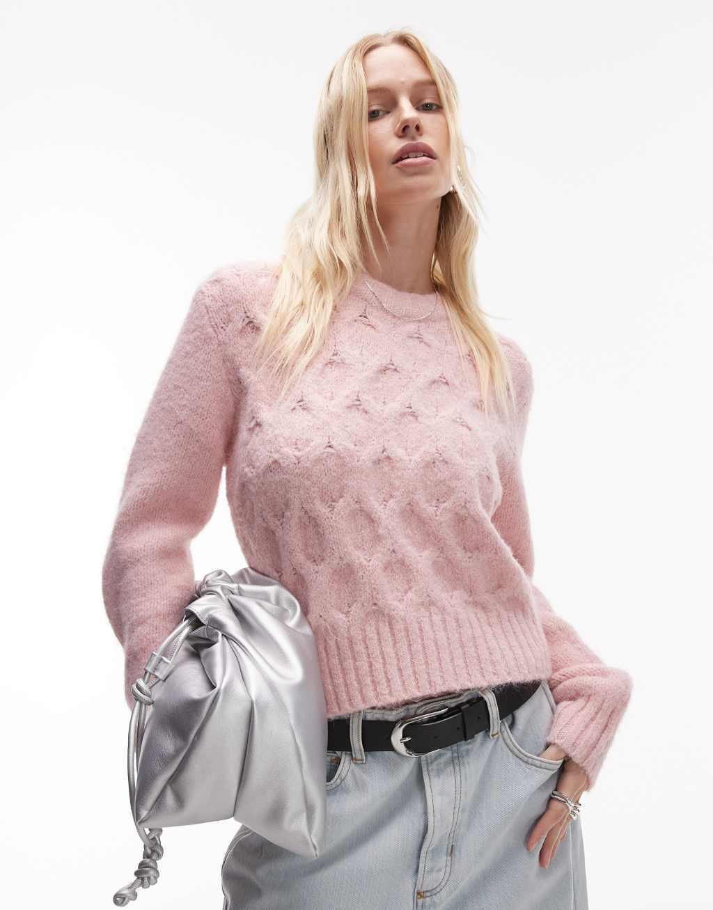 Topshop knitted cable stitch sweater in light pink Product Image