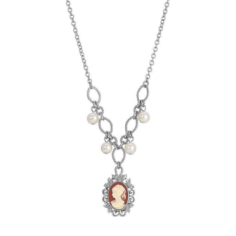 1928 Silver Tone Simulated Pearl Cameo Necklace, Womens, Orange Product Image