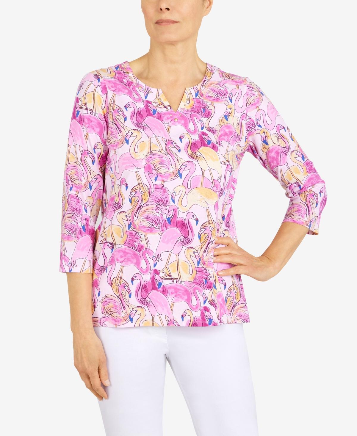 Alfred Dunner Womens Flamingo Split Neck Top Product Image