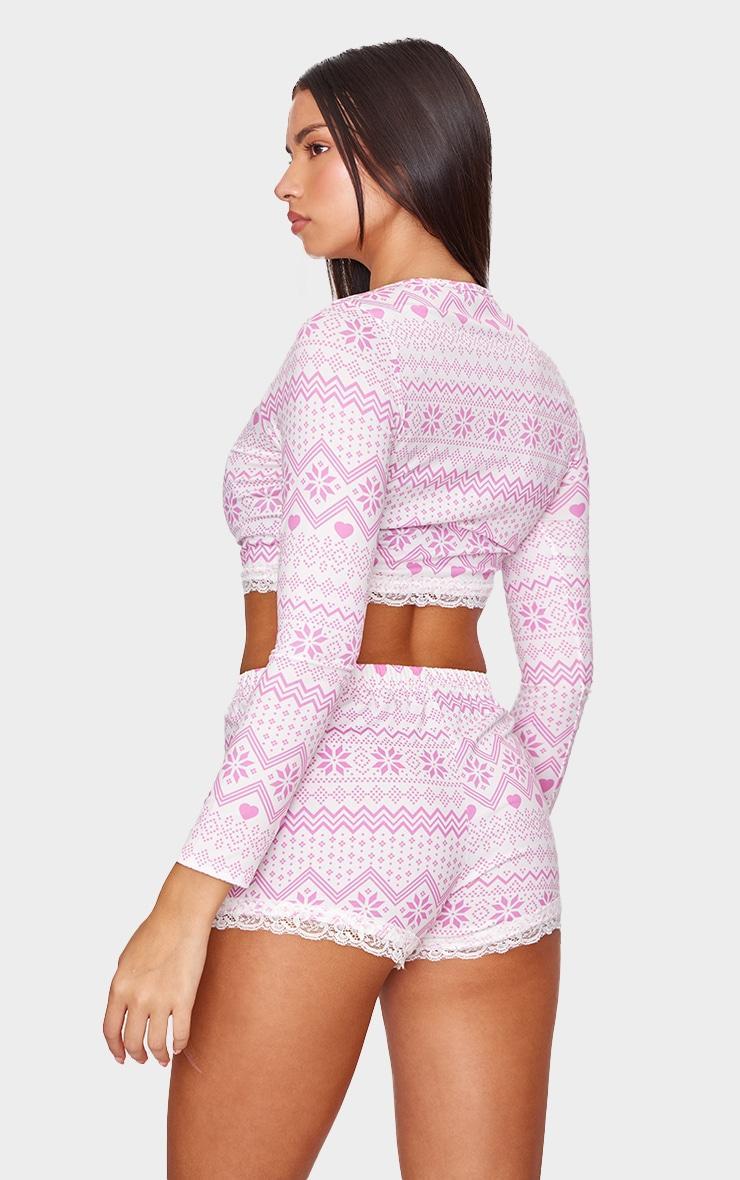 Pink Fairisle Print Lace Trim Short PJ Set Product Image