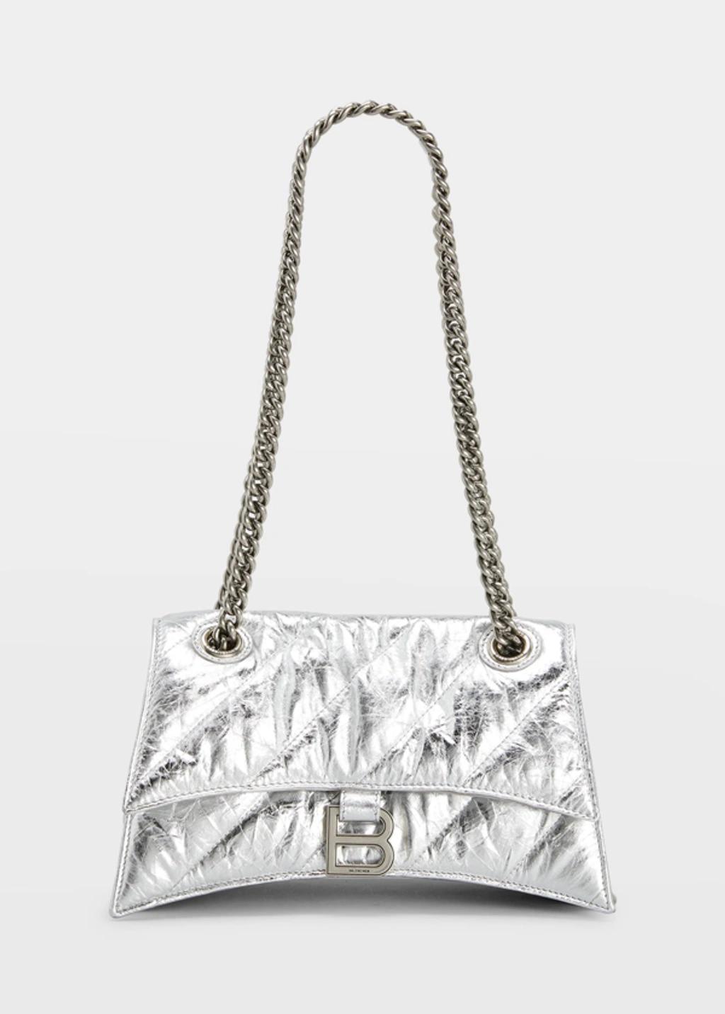 BALENCIAGA Crush Small Quilted Metallic Chain Shoulder Bag In Silver Product Image