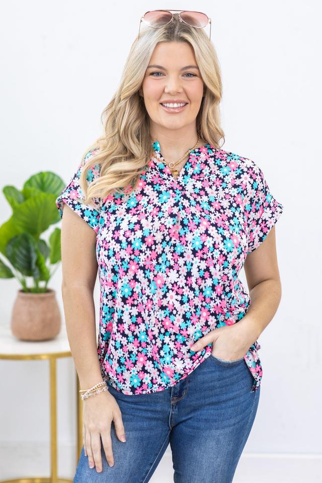 Navy Floral Wrinkle Free Lizzy Top Product Image