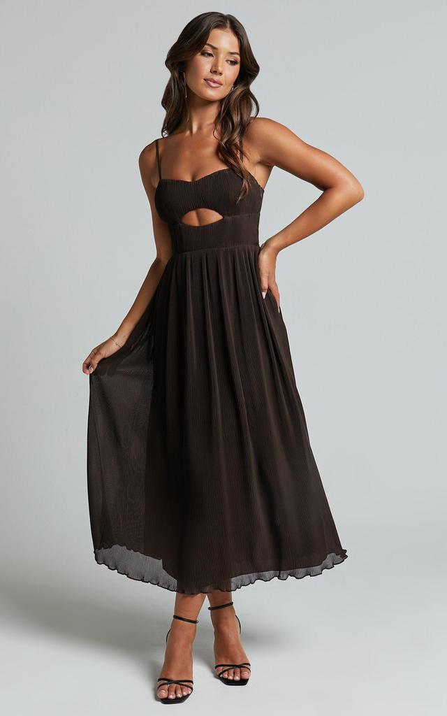 Ezri Midi Dress - Strappy Cut Out Pleated A Line Dress in Chocolate Product Image