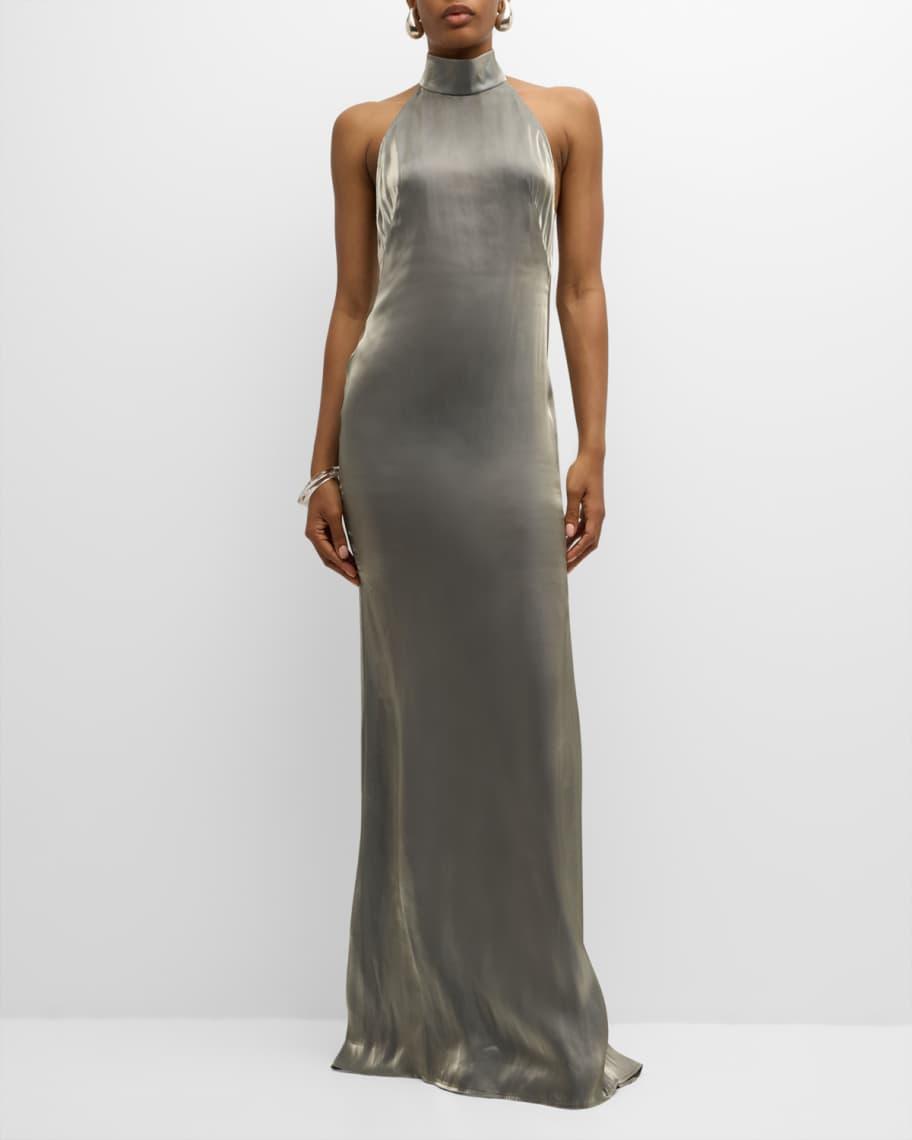 Metallic Organza Backless Halter Gown Product Image