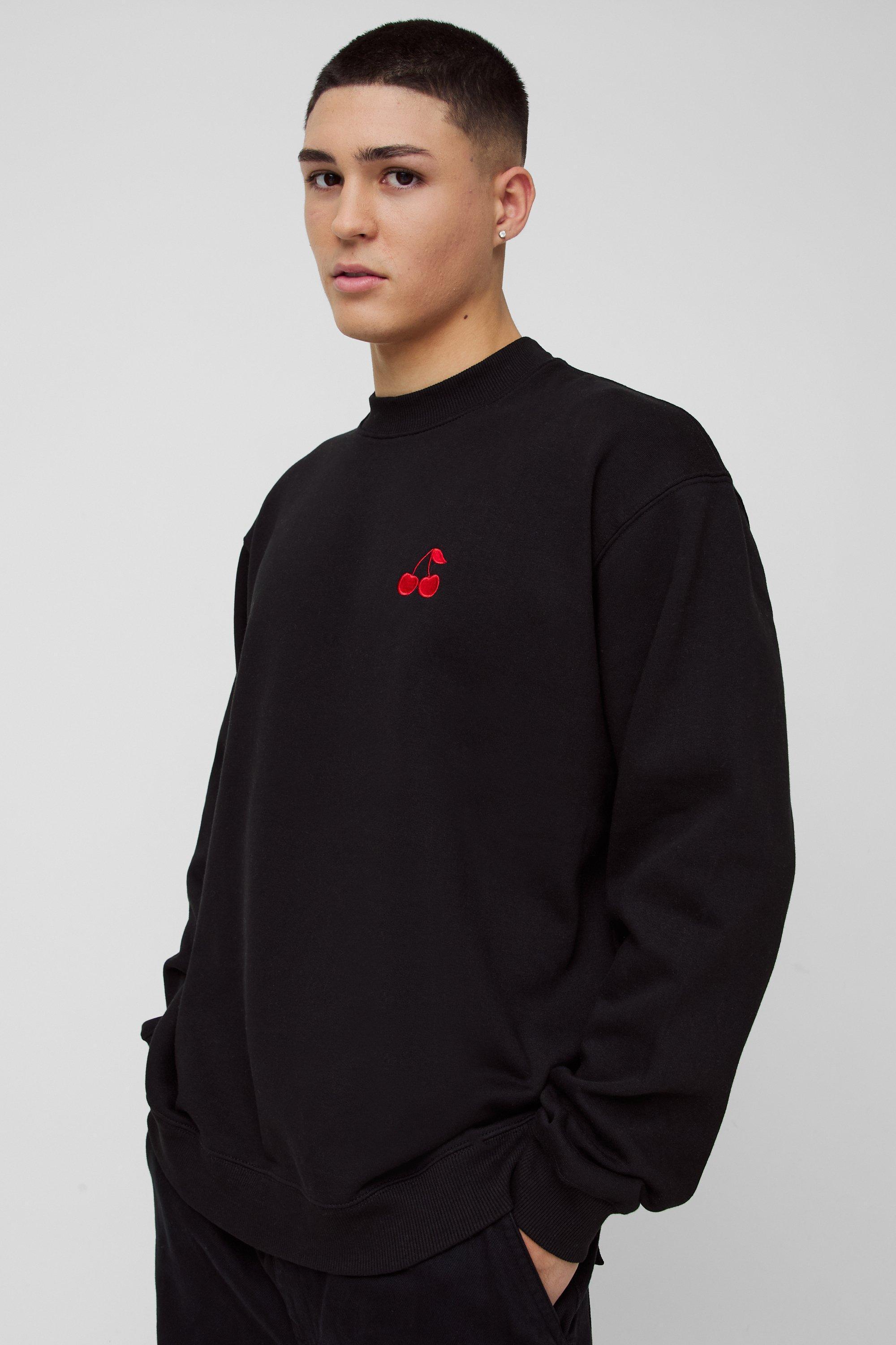 Mens Black Oversized Cherry Embroidered Sweatshirt, Black Product Image