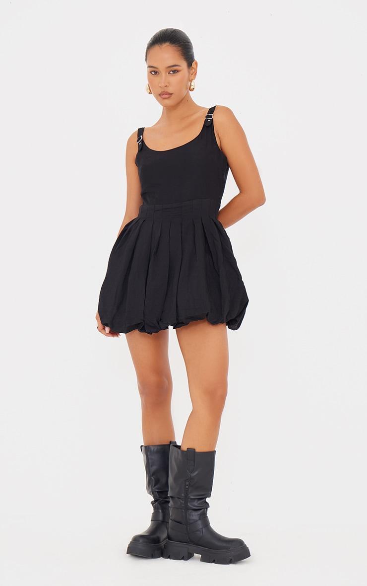 Black Textured Buckle Strap Puffball Dress Product Image