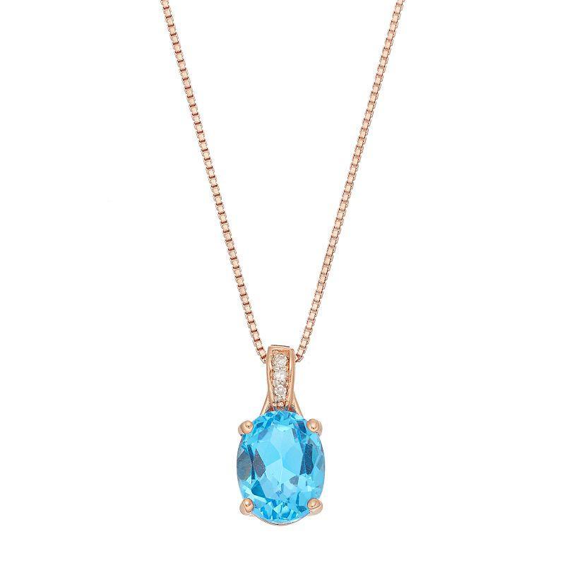 Gemminded 14k Rose Gold Over Silver Blue Topaz & Diamond Accent Oval Pendant, Womens Product Image