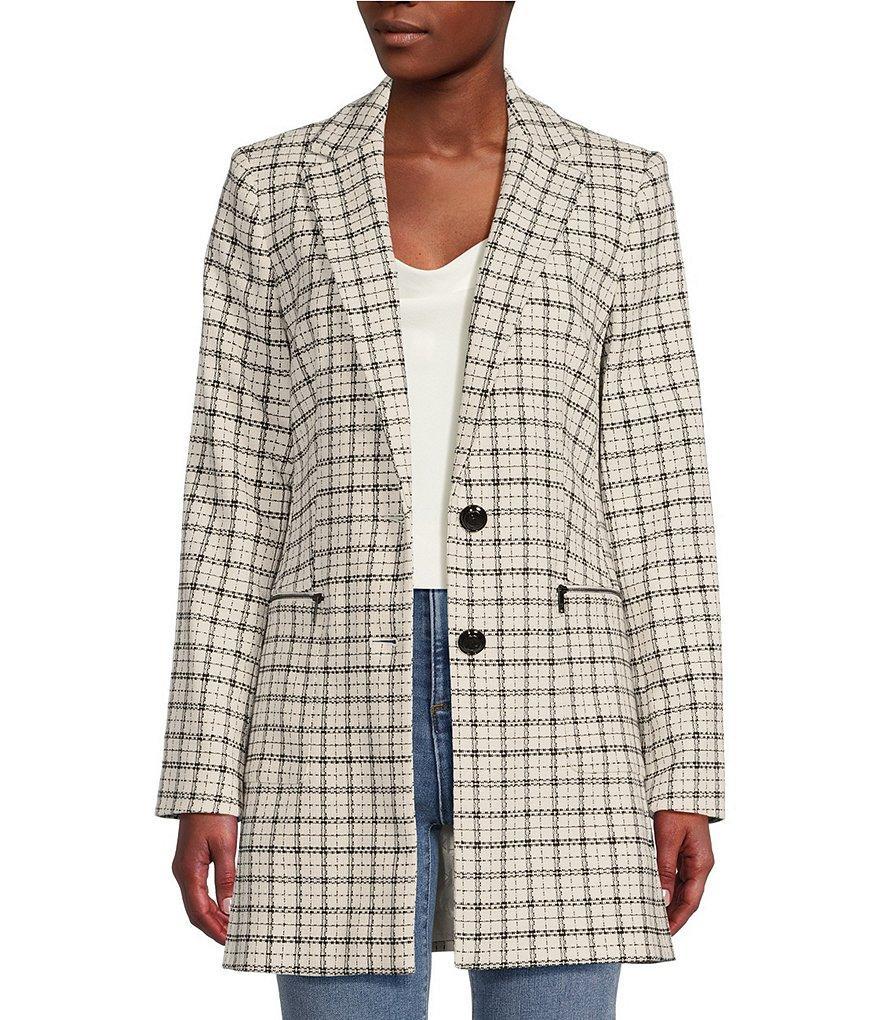 KARL LAGERFELD PARIS Plaid Tweed Notch Lapel Collar Front Zip Pocket Long Sleeve Blazer Product Image