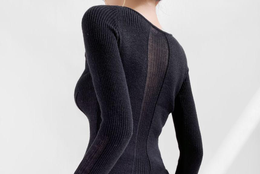 Long Sleeve Crew Neck Plain See-Through Knit Top Product Image