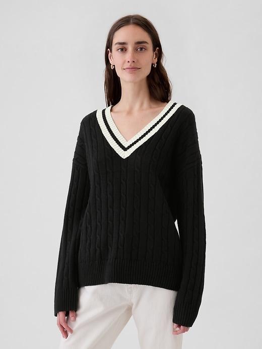 CashSoft Varsity Cable-Knit Sweater Product Image